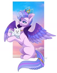 Size: 809x1027 | Tagged: safe, artist:noxvoca, artist:scribble, imported from derpibooru, queen haven, dog, pegasus, pomeranian, pony, adorahaven, cloudpuff, colored wings, crown, cute, female, flying pomeranian, g5, jewelry, mare, multicolored wings, partially open wings, regalia, smiling, winged dog, wings