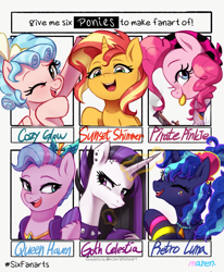 Size: 2157x2622 | Tagged: safe, artist:maren, imported from derpibooru, cozy glow, pinkie pie, princess celestia, princess luna, queen haven, sunset shimmer, alicorn, earth pony, pegasus, pony, unicorn, six fanarts, between dark and dawn, 80s princess luna, bandana, bits, choker, cozybetes, cute, eye clipping through hair, eyebrows, eyebrows visible through hair, female, filly, foal, frown, g4, g5, glowing, glowing eyes, glowing horn, group, high res, horn, looking at you, lunabetes, magic, magic aura, mare, mouth hold, one eye closed, open mouth, open smile, punklestia, royal sisters, sextet, siblings, sisters, smiling, spiked choker, telekinesis, text, wink
