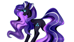 Size: 800x450 | Tagged: safe, artist:buvanybu, imported from derpibooru, nightmare rarity, pony, unicorn, blue eyes, butt, crown, female, flowing mane, flowing tail, gem, glowing, horn, jewelry, looking back, mare, plot, purple mane, purple tail, regalia, simple background, smiling, solo, tail, white background