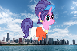 Size: 1920x1280 | Tagged: safe, artist:thegiantponyfan, artist:vector-brony, imported from derpibooru, cookie crumbles, pony, unicorn, chicago, clothes, ear piercing, female, giant pony, giant unicorn, giantess, highrise ponies, illinois, irl, jewelry, looking at you, macro, mare, mega giant, photo, piercing, ponies in real life, smiling, solo