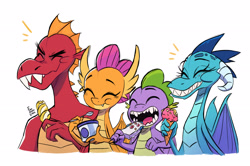 Size: 2560x1704 | Tagged: safe, artist:fanzeem, imported from derpibooru, garble, princess ember, smolder, spike, dragon, ^^, dragoness, eating, emanata, eyes closed, female, food, gem, ice cream, ice cream cone, male, popsicle, sharp teeth, simple background, spoon, teeth, white background, winged spike, wings