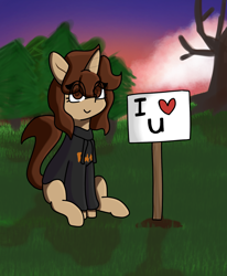 Size: 1400x1700 | Tagged: safe, artist:seylan, imported from derpibooru, oc, oc only, pony, unicorn, clothes, digital art, eye clipping through hair, hoodie, i <3 u, looking at you, outdoors, sign, sitting, smiling, smiling at you, solo, sunrise