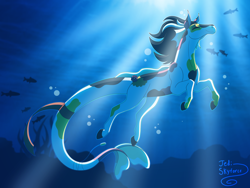 Size: 4800x3600 | Tagged: safe, artist:jedi-skyforce, imported from derpibooru, oc, oc only, fish, hybrid, merpony, pony, bubble, crepuscular rays, digital art, dorsal fin, eyes closed, fish tail, flowing mane, flowing tail, koi pony, ocean, seaweed, signature, solo, sunlight, swimming, tail, underwater, water