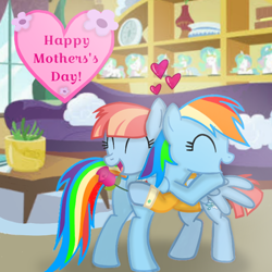 Size: 720x720 | Tagged: safe, artist:mlplary6, imported from derpibooru, rainbow dash, windy whistles, pegasus, pony, ^^, butt, butt touch, eyes closed, female, flower, heart, hoof on butt, hug, mare, mother and child, mother and daughter, mother's day, plot, rose, smiling