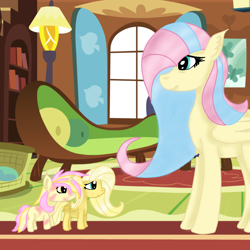 Size: 1000x1000 | Tagged: safe, artist:artiststr, imported from derpibooru, fluttershy, oc, oc:psychoshy, oc:rosy gleam, pegasus, pony, unicorn, fallout equestria, female, filly, fluttershy's cottage, foal, mother and child, mother and daughter, mother's day, parent:fluttershy, pink cloud (fo:e)