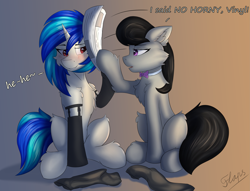 Size: 5125x3917 | Tagged: safe, artist:flapstune, imported from derpibooru, dj pon-3, octavia melody, vinyl scratch, earth pony, pony, unicorn, bonk, bowtie, chest fluff, clothes, dialogue, duo, duo female, ear fluff, female, fluffy, horn, lesbian, mare, newspaper, pun, red eyes, scratchtavia, shipping, signature, simple background, sitting, socks, visual pun