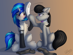 Size: 5125x3917 | Tagged: safe, alternate version, artist:flapstune, imported from derpibooru, dj pon-3, octavia melody, vinyl scratch, earth pony, pony, unicorn, bonk, bowtie, chest fluff, clothes, duo, duo female, ear fluff, female, fluffy, horn, lesbian, mare, newspaper, red eyes, shipping, signature, simple background, sitting, socks