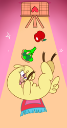 Size: 1566x3000 | Tagged: safe, artist:nonameorous, imported from derpibooru, alpaca, them's fightin' herds, apple, basket, broccoli, cloven hooves, community related, food, paprika (tfh), pink background, purple eyes, simple background, tongue out, yellow background