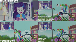 Size: 1280x720 | Tagged: safe, edit, edited screencap, editor:quoterific, imported from derpibooru, screencap, rainbow dash, rarity, human, equestria girls, equestria girls series, festival looks, spoiler:eqg series (season 2), canterlot high, crossed arms, duo, duo female, eyes closed, female, football, geode of shielding, geode of super speed, magical geodes, music festival outfit, open mouth, open smile, smiling, sports, text