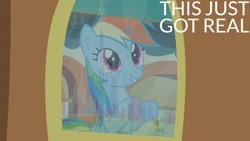 Size: 1280x720 | Tagged: safe, edit, edited screencap, editor:quoterific, imported from derpibooru, screencap, rainbow dash, pegasus, pony, equestria games (episode), season 4, crystal empire, cute, dashabetes, female, friendship express, locomotive, mare, smiling, solo, steam locomotive, text, train