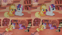 Size: 1280x720 | Tagged: safe, edit, edited screencap, editor:quoterific, imported from derpibooru, screencap, applejack, rarity, twilight sparkle, earth pony, pony, unicorn, look before you sleep, season 1, applejack's hat, book, cowboy hat, female, golden oaks library, hat, mare, open mouth, text, trio, unicorn twilight