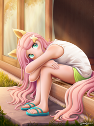 Size: 1800x2400 | Tagged: safe, artist:symbianl, imported from derpibooru, fluttershy, human, blushing, clothes, cute, eared humanization, feet, hairpin, high res, humanized, jewelry, looking at you, nail polish, pony ears, ring, sandals, shorts, shyabetes, signature, sitting, smiling, smiling at you, solo, tail, tailed humanization, tanktop, toenail polish