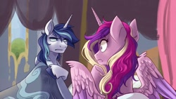 Size: 1376x774 | Tagged: safe, artist:aarops, imported from derpibooru, princess cadance, shining armor, alicorn, pony, unicorn, bed, bed hair, blanket, canterlot wedding 10th anniversary, couple, spread wings, wings