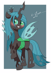 Size: 2406x3451 | Tagged: safe, artist:leo19969525, imported from derpibooru, queen chrysalis, changeling, changeling queen, pony, blushing, canterlot wedding 10th anniversary, crown, cute, cutealis, female, flying, green eyes, horn, jewelry, looking at you, regalia, simple background, smiling, solo, tack, tail, wings