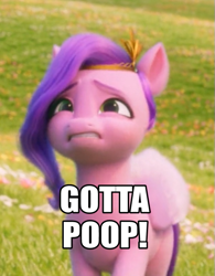 Size: 577x738 | Tagged: safe, edit, edited screencap, imported from derpibooru, screencap, pipp petals, pegasus, pony, spoiler:my little pony: a new generation, caption, female, g5, gritted teeth, image macro, mare, my little pony: a new generation, need to poop, potty emergency, potty time, solo, teeth, text