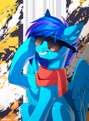 Size: 2000x2731 | Tagged: safe, artist:redchetgreen, imported from derpibooru, oc, oc only, pegasus, pony, clothes, high res, pegasus oc, scarf, sitting, smiling, solo, sunglasses