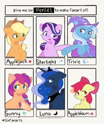 Size: 1715x2048 | Tagged: safe, artist:tater, imported from derpibooru, apple bloom, applejack, princess luna, starlight glimmer, sunny starscout, trixie, alicorn, earth pony, pony, unicorn, six fanarts, cape, clothes, female, filly, foal, g5, hat, mare, trixie's cape, trixie's hat
