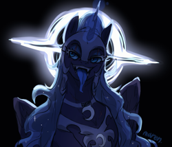 Size: 1943x1660 | Tagged: safe, artist:maren, imported from derpibooru, nightmare moon, alicorn, pony, alternate design, alternate universe, black background, black hole, crown, fangs, glowing, glowing horn, horn, jewelry, long tongue, regalia, simple background, tongue out