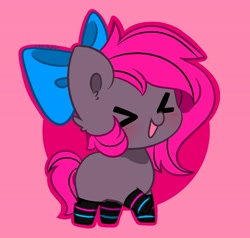 Size: 3536x3363 | Tagged: safe, artist:kittyrosie, imported from derpibooru, oc, oc only, earth pony, pony, ><, abstract background, bandana, blushing, bow, chibi, clothes, cute, earth pony oc, eyes closed, hair bow, ocbetes, open mouth, simple background, socks, solo, striped socks