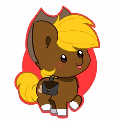 Size: 2653x2785 | Tagged: safe, artist:kittyrosie, imported from derpibooru, oc, oc only, earth pony, pony, :p, abstract background, bag, blushing, chibi, coat markings, cowboy hat, cute, earth pony oc, hat, ocbetes, saddle bag, simple background, socks (coat markings), solo, tongue out