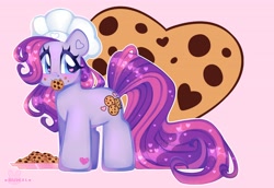 Size: 4096x2824 | Tagged: safe, artist:bunxl, imported from derpibooru, chocolate chipper, earth pony, pony, anime style, baker, blue eyes, chef's hat, chocolate chip cookie, chubby, cookie, crumbs, eating, eyelashes, female, food, food on face, hat, multicolored mane, pink background, pink mane, plate, purple coat, purple mane, short, simple background, solo