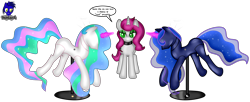 Size: 9414x3834 | Tagged: safe, artist:damlanil, imported from derpibooru, princess celestia, princess luna, oc, oc:peony, alicorn, pony, unicorn, absurd resolution, bondage, clothes, collar, crystal horn, encasement, fake horn, female, horn, i have no mouth and i must scream, inanimate tf, latex, link in description, magic, magic aura, mannequin, mannequin tf, mare, muffled words, no mouth, objectification, pedestal, petrification, ponyquin, rubber, shiny, show accurate, simple background, smiling, smirk, speech bubble, story in the source, transformation, transparent background, vector