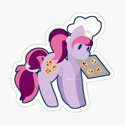 Size: 600x600 | Tagged: safe, artist:katkitters, imported from derpibooru, chocolate chipper, earth pony, pony, baker, baking sheet, border, chef's hat, chibi, chocolate chip cookie, cookie, cute, food, hat, pink mane, ponytail, simple background, solo, sticker, white background