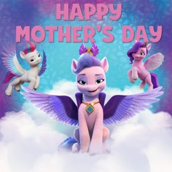 Size: 1080x1080 | Tagged: safe, imported from derpibooru, pipp petals, queen haven, zipp storm, pegasus, pony, abstract background, cloud, family, female, flying, g5, looking at you, mare, mother's day, my little pony: a new generation, official, open mouth, open smile, royal sisters (g5), siblings, sisters, sitting, smiling, smiling at you, spread wings, text, trio, wings