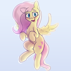 Size: 2853x2853 | Tagged: safe, artist:newpone, imported from derpibooru, fluttershy, pegasus, pony, blushing, eyebrows, eyebrows visible through hair, female, flying, full body, gray background, looking at you, mare, open mouth, simple background, solo, spread wings, wings
