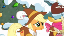 Size: 640x360 | Tagged: safe, imported from derpibooru, screencap, applejack, chancellor puddinghead, pinkie pie, smart cookie, earth pony, pony, hearth's warming eve (episode), season 2, animated, duo, female, gif, gifs.com, mare, pinkie being pinkie, snow, walking