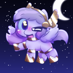 Size: 2000x2000 | Tagged: safe, artist:cushyhoof, imported from derpibooru, oc, oc only, oc:athena (shawn keller), pegasus, pony, butt blush, chibi, cute, female, flying, guardians of pondonia, high res, looking at you, mare, night, open mouth, pegasus oc, solo, spread wings, wings