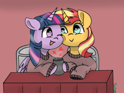 Size: 1200x900 | Tagged: safe, artist:twiliset, imported from derpibooru, sunset shimmer, twilight sparkle, alicorn, pony, unicorn, equestria girls, chair, cheek nuzzle, cheek to cheek, clothes, cup, cute, female, heart, lesbian, looking at each other, nuzzling, shipping, smiling, smiling at each other, sunsetsparkle, sweater, table, touching face, twilight sparkle (alicorn), wood