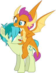 Size: 2454x3185 | Tagged: safe, artist:frownfactory, imported from derpibooru, part of a set, sandbar, smolder, dragon, pony, dragon knight series, dragoness, dragons riding ponies, female, horn, male, part of a series, riding, simple background, smolder riding sandbar, transparent background, vector, wings