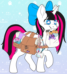 Size: 3708x4096 | Tagged: safe, artist:cutepencilcase, imported from derpibooru, fluttershy, pinkie pie, twilight sparkle, oc, pony, unicorn, badge, bag, bow, hair bow, happy, mouth hold, plushie, saddle bag, scroll, smiling, solo, starry eyes, walking, wingding eyes