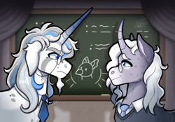 Size: 920x640 | Tagged: safe, artist:lastnight-light, imported from derpibooru, oc, oc only, oc:brightburn, oc:calamus, pony, unicorn, chalkboard, glasses, male, stallion