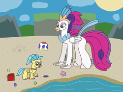 Size: 3264x2448 | Tagged: safe, artist:supahdonarudo, imported from derpibooru, princess skystar, queen novo, classical hippogriff, hippogriff, starfish, my little pony: the movie, beach, beach ball, bucket, cloud, cute, female, fledgeling, jewelry, mother and child, mother and daughter, mother's day, necklace, ocean, sand, sandcastle, shell, skyabetes, sponge, sun, water, younger