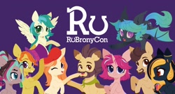 Size: 2560x1382 | Tagged: safe, artist:belka-sempai, imported from derpibooru, oc, oc:blasty, oc:blur (rubronycon), oc:bold favor, oc:delusive rose, oc:foundy, oc:lily brush, oc:loffy, oc:moondrive, group, mascot, purple background, rubronycon, simple background, vkontakte