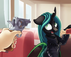 Size: 1200x960 | Tagged: safe, artist:anti1mozg, imported from derpibooru, queen chrysalis, changeling, changeling queen, human, fanfic:broken toy, fanfic:the girl and the queen, clothes, danger, fanfic art, fear, female, gun, hand, handgun, revolver, weapon