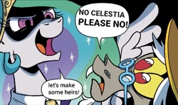 Size: 584x346 | Tagged: safe, edit, idw, imported from derpibooru, discord, princess celestia, spoiler:comic, spoiler:comicff20, dislestia, female, hat, imminent sex, implied sex, male, mare, shipping, straight, this will end in babies