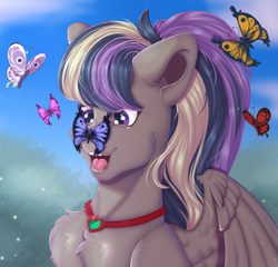 Size: 4268x4094 | Tagged: safe, artist:creed larsen, imported from derpibooru, oc, oc:frozen night, butterfly, pegasus, pony, bust, commission, medallion, portrait, smiling, solo, wings, ych result