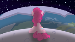 Size: 768x432 | Tagged: safe, artist:tolerance, imported from derpibooru, pinkie pie, earth pony, pony, earth, female, mare, moon, pink side of the moon, rear view, sitting, solo, space