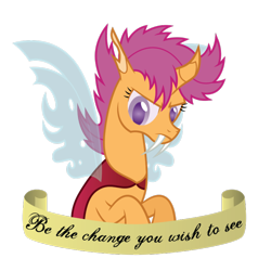 Size: 768x768 | Tagged: safe, artist:tolerance, imported from derpibooru, scootaloo, changeling, changelingified, scootaling, simple background, solo, species swap, text, transparent background