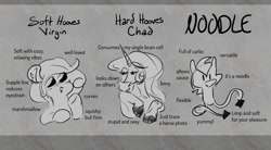 Size: 1280x706 | Tagged: safe, artist:crowneprince, imported from derpibooru, earth pony, pony, unicorn, blushing, dot eyes, ear fluff, female, grayscale, hooves, hooves debate, lidded eyes, mare, monochrome, noodle arms, open mouth, smiling, trio