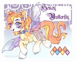 Size: 1920x1581 | Tagged: safe, artist:dillice, imported from derpibooru, oc, oc only, flutter pony, pony, butterfly wings, collar, deviantart watermark, ear fluff, ear piercing, earring, female, jewelry, makeup, mare, obtrusive watermark, piercing, reference sheet, unshorn fetlocks, watermark, wings