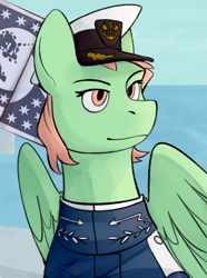 Size: 520x700 | Tagged: safe, artist:bunnyshrubby, imported from derpibooru, oc, oc only, pegasus, pony, equestria at war mod, bust, clothes, female, flag, folded wings, hat, mare, military, military uniform, orange eyes, orange mane, pegasus oc, pony oc, portrait, solo, uniform, wings