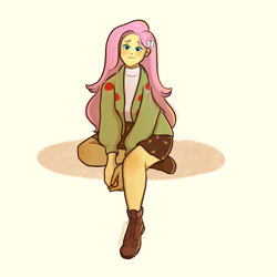 Size: 2048x2048 | Tagged: safe, artist:lethiepie, imported from derpibooru, fluttershy, human, equestria girls, clothes, female, jacket, simple background, skirt, solo, sweater, sweatershy, white background