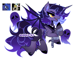 Size: 1280x966 | Tagged: safe, artist:mirrastat, imported from derpibooru, discord, princess luna, oc, alicorn, bat pony, bat pony alicorn, draconequus, hybrid, pony, base used, bat pony oc, bat wings, female, horn, interspecies offspring, male, mare, offspring, parent:discord, parent:princess luna, parents:lunacord, simple background, smiling, stallion, transparent background, wings