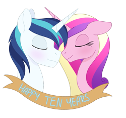 Size: 1349x1256 | Tagged: safe, artist:dyonys, imported from derpibooru, princess cadance, shining armor, alicorn, unicorn, blushing, bust, canterlot wedding 10th anniversary, eyes closed, female, male, married couple, shiningcadance, shipping, simple background, straight, text, transparent background