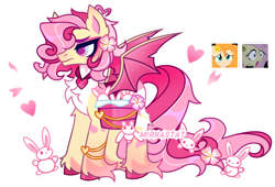 Size: 1280x869 | Tagged: safe, artist:mirrastat, imported from derpibooru, fluttershy, oc, bat pony, pony, rabbit, animal, base used, bat ponified, chest fluff, female, flutterbat, heart, jewelry, magical lesbian spawn, male, mare, necklace, offspring, parent:fluttershy, parent:pear butter, race swap, saddle basket, simple background, stallion, transparent background