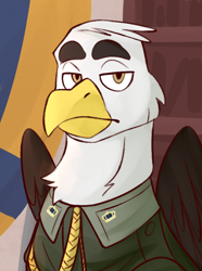 Size: 520x700 | Tagged: safe, artist:bunnyshrubby, imported from derpibooru, oc, oc only, griffon, equestria at war mod, bust, clothes, flag, folded wings, griffon oc, military, military uniform, portrait, solo, uniform, wings